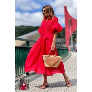 Marielle Almelo Phoebe Red Cotton Puff Sleeve Midi Dress Belted One Size Fits Al
